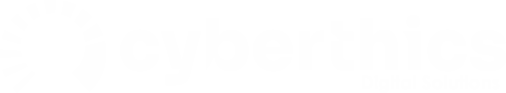 White logo of Cyberthics featuring a stylized sun and the text 'Cyberthics Digital Solutions'.
