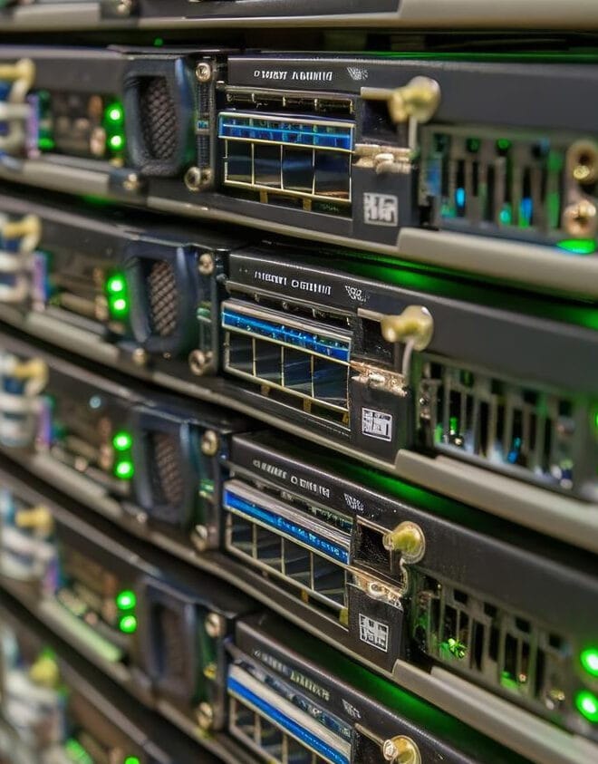 Close-up view of multiple network servers with illuminated LED indicators and ports.